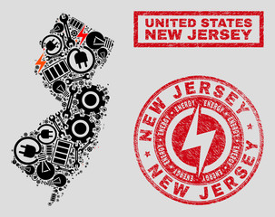 Composition of mosaic power supply New Jersey State map and grunge stamp seals. Collage vector New Jersey State map is designed with hardware and electric icons. Black and red colors used.