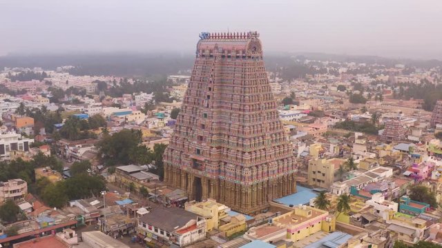 South India holy temple "Gopuram" at Srirangam Trichi, India, 4k aerial view