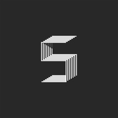 Isometric letter S letter monogram or 3d shape 5 number, black and white thin lines creative emblem