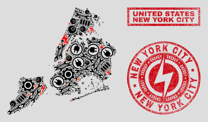 Composition of mosaic power supply New York City map and grunge stamp seals. Mosaic vector New York City map is designed with gear and power elements. Black and red colors used.