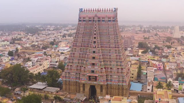 South India holy temple "Gopuram" at Srirangam Trichi, India, 4k aerial view