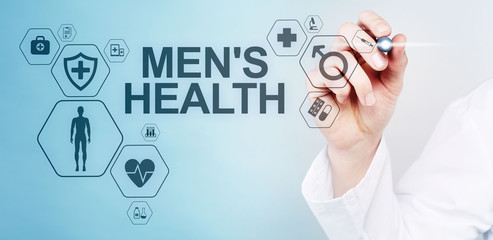 Mens Health banner, medical and health care concept on screen. Doctor with stethoscope.