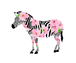 Abstract zebra with cherry blossom. Wild animal texture. design trendy fabric,  illustration background.