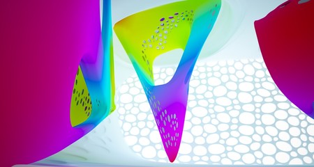 Abstract dynamic interior with black and colored gradient smooth objects. 3D illustration and rendering