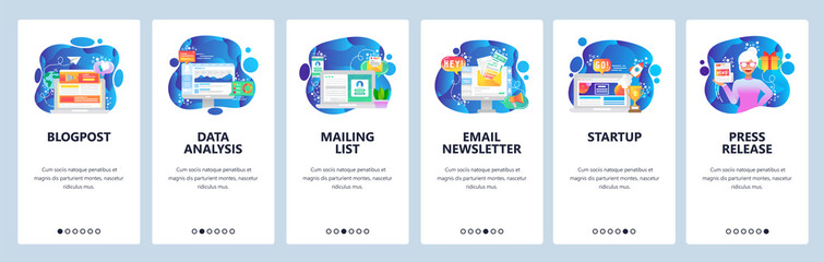 Mobile app onboarding screens. Digital marketing, email newsletter, data analysis, business startup. Menu vector banner template for website and mobile development. Web site design flat illustration