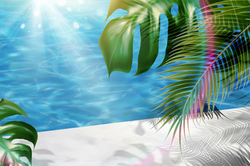 Tropical leaves and swimming pool