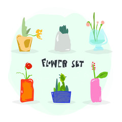 Hand paint set of flowers in pots. Vector flower. Interior decor. Cartoon plants.