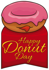 Delicious Doughnut with Strawberry Jelly over Ribbon for Donut Day, Vector Illustration