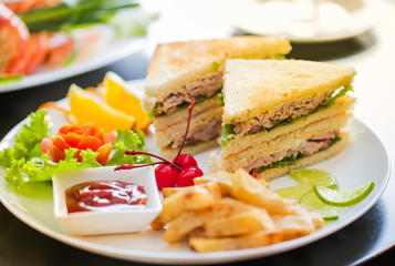 Tuna sandwiches, breakfast, salad and fruit in a tableware dish