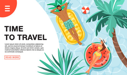 Travel vacation concept. Landing page template. Happy couple floating and sunbathing on swim ring in swimming pool. Vector illustration.