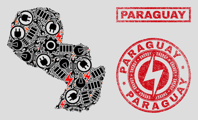 Obraz premium Composition of mosaic power supply Paraguay map and grunge stamp seals. Mosaic vector Paraguay map is created with service and lamp elements. Black and red colors used.