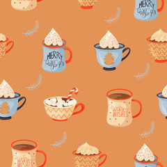 Seamless Christmas pattern with mugs of cacao with whipped cream, marshmallow; lollipop and spruce twigs. Vector illustration for textile, postcard, wrapping paper, poster, background, book, t-shirt.