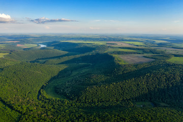 Obraz premium Canyon river in fog shooting from the air