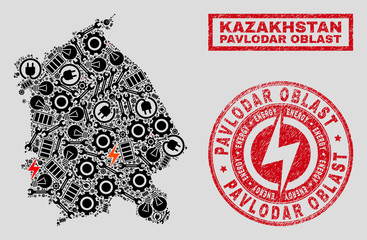 Composition of mosaic power supply Pavlodar Region map and grunge watermarks. Mosaic vector Pavlodar Region map is designed with equipment and energy elements. Black and red colors used.