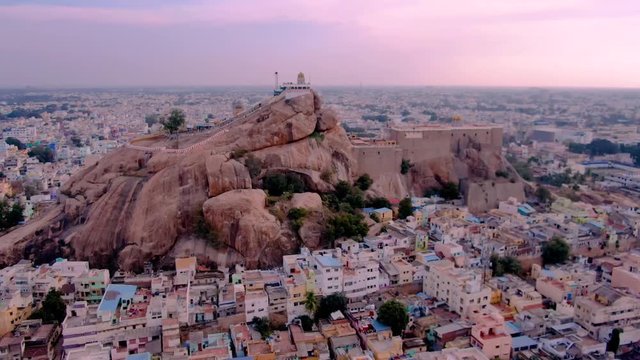 Rock fort temple in Trichy, India, 4k aerial footage