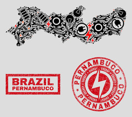 Composition of mosaic power supply Pernambuco State map and grunge stamps. Collage vector Pernambuco State map is created with hardware and electric icons. Black and red colors used.