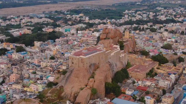 Rock fort temple in Trichy, India, 4k aerial footage