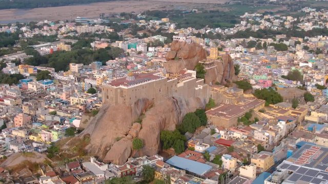Rock fort temple in Trichy, India, 4k aerial footage
