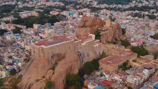 Rock fort temple in Trichy, India, 4k aerial footage