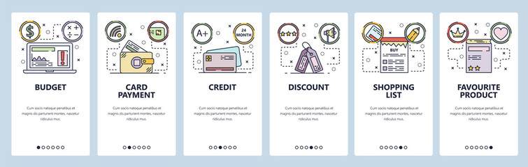 Mobile app onboarding screens. Online shopping, credit card payment, discount and price tag. Menu vector banner template for website and mobile development. Web site design flat illustration
