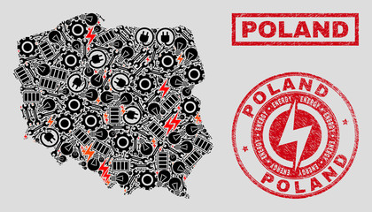 Composition of mosaic electrical Poland map and grunge seals. Mosaic vector Poland map is created with hardware and power elements. Black and red colors used. Abstraction for power supply business.