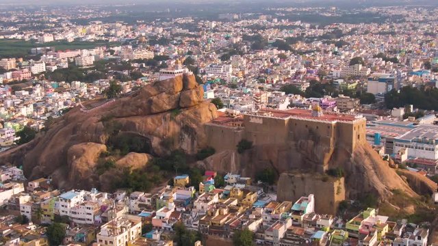 Rock fort temple in Trichy, India, 4k aerial footage