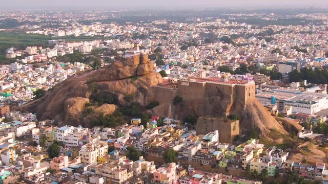Rock fort temple in Trichy, India, 4k aerial footage