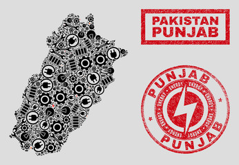 Composition of mosaic power supply Punjab Province map and grunge seals. Collage vector Punjab Province map is created with hardware and bulb elements. Black and red colors used.