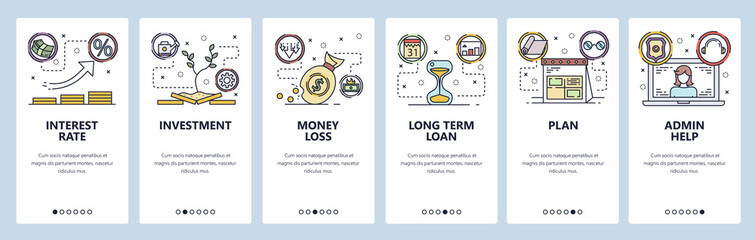Naklejka premium Mobile app onboarding screens. Interest rate, money investment, bank loan. Menu vector banner template for website and mobile development. Web site design flat illustration