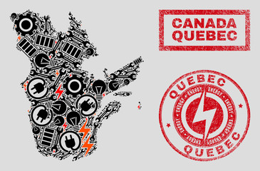 Composition of mosaic power supply Quebec Province map and grunge stamp seals. Mosaic vector Quebec Province map is created with workshop and power icons. Black and red colors used.