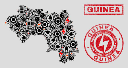 Composition of mosaic power supply Republic of Guinea map and grunge stamps. Collage vector Republic of Guinea map is composed with tools and power symbols. Black and red colors used.