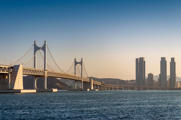 Scenic view of Busan Gwangandaegyo Bridge (Diamond Bridge), a suspension bridge connecting Haeundae-gu to Suyeong-gu in Busan, South Korea