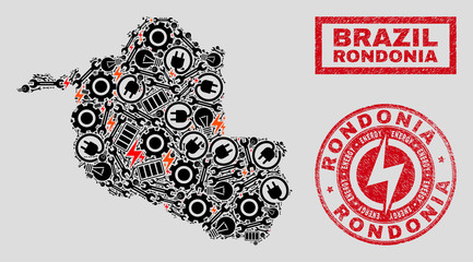 Composition of mosaic power supply Rondonia State map and grunge stamps. Mosaic vector Rondonia State map is designed with hardware and power symbols. Black and red colors used.