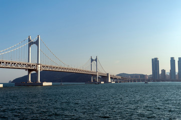 Fototapeta na wymiar Scenic view of Busan Gwangandaegyo Bridge (Diamond Bridge), a suspension bridge connecting Haeundae-gu to Suyeong-gu in Busan, South Korea