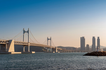 Scenic view of Busan Gwangandaegyo Bridge (Diamond Bridge), a suspension bridge connecting Haeundae-gu to Suyeong-gu in Busan, South Korea