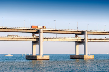 Scenic view of Busan Gwangandaegyo Bridge (Diamond Bridge), a suspension bridge connecting Haeundae-gu to Suyeong-gu in Busan, South Korea