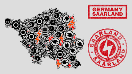 Composition of mosaic power supply Saarland Land map and grunge seals. Mosaic vector Saarland Land map is designed with hardware and bulb symbols. Black and red colors used.