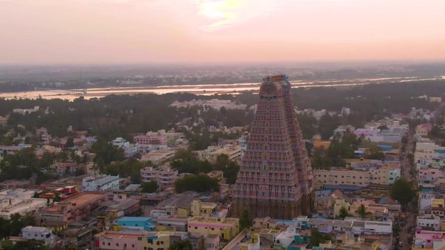 South India holy temple "Gopuram" at Srirangam Trichi, India, 4k aerial view