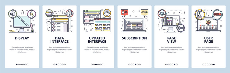 Mobile app onboarding screens. Social media, data interface, computer display. Menu vector banner template for website and mobile development. Web site design flat illustration