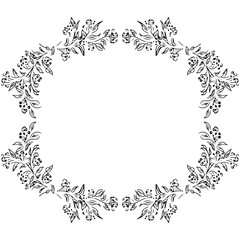 Wreath of roses or peonies flowers and branches isolated on white background. Foral frame design elements for invitations, greeting cards, posters. Hand drawn  illustration. Line art. Sketch