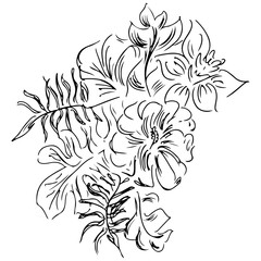  hand drawn sketch with tropical leaves and flowers isolated on white background. Exotic botanical design elements for wedding invitation cards, cosmetics, spa, perfume, beauty salon. Line art