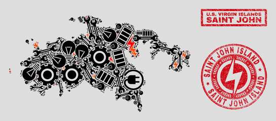 Composition of mosaic power supply Saint John Island map and grunge stamps. Mosaic vector Saint John Island map is composed with service and electric symbols. Black and red colors used.