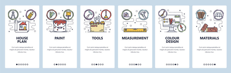 Mobile app onboarding screens. House building and construction, home repair, paint, tools and materials. Menu vector banner template for website and mobile development. Web site design illustration