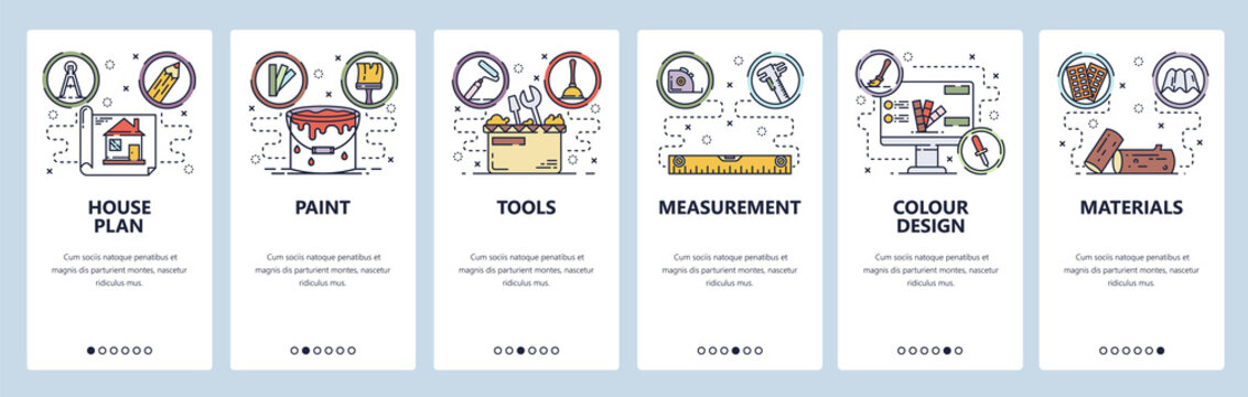 Mobile app onboarding screens. House building and construction, home repair, paint, tools and materials. Menu vector banner template for website and mobile development. Web site design illustration