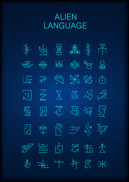 Alien hieroglyphs symbols, unknown alphabit. Futuristic hieroglyphs. Digital alien matrix technology programming language alphabet. Cyberspace. Quantum computers. Hacker concept.  Vector