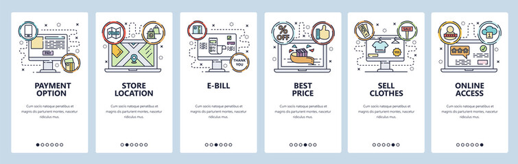 Mobile app onboarding screens. Online shopping, payment option, store location, online access. Menu vector banner template for website and mobile development. Web site design flat illustration