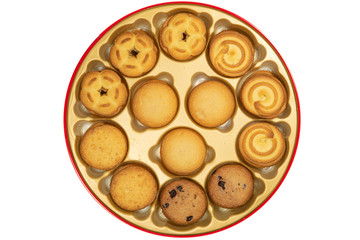 Top view of a butter cookies box isolated white background