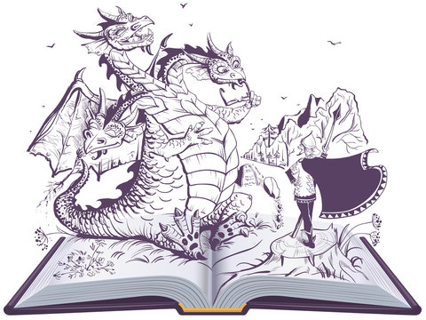 Dragon and funny hero open book illustration. Russian three headed snake gorynych and knight