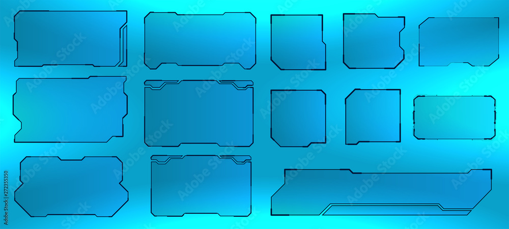 Poster Futuristic HUD user interface screen. Vector elements set. Gamedev elements, game disign GUI. Abstract control panel layout design. Screens frames collection. Sky-fi virtual tech display. Vector set