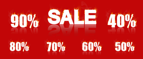 Sale - inscription and 90,80,70,60,50,40%, a whites inscriptions on fire, on a red background. Fire sale set. Numbers with percentages in realistic fire, Hot sale on fire! Vector full color set © SergeyBitos